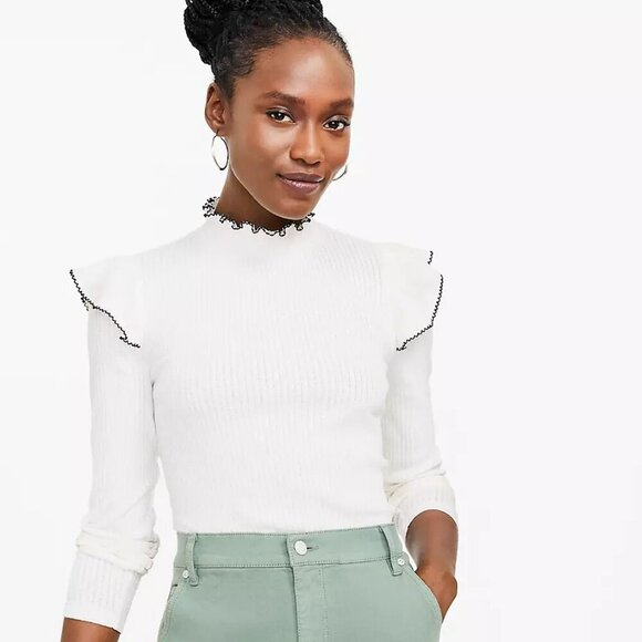 LOFT Sweaters - NWT LOFT Pointelle Ribbed Ruffle Women's Top Size Large/12 Whisper White